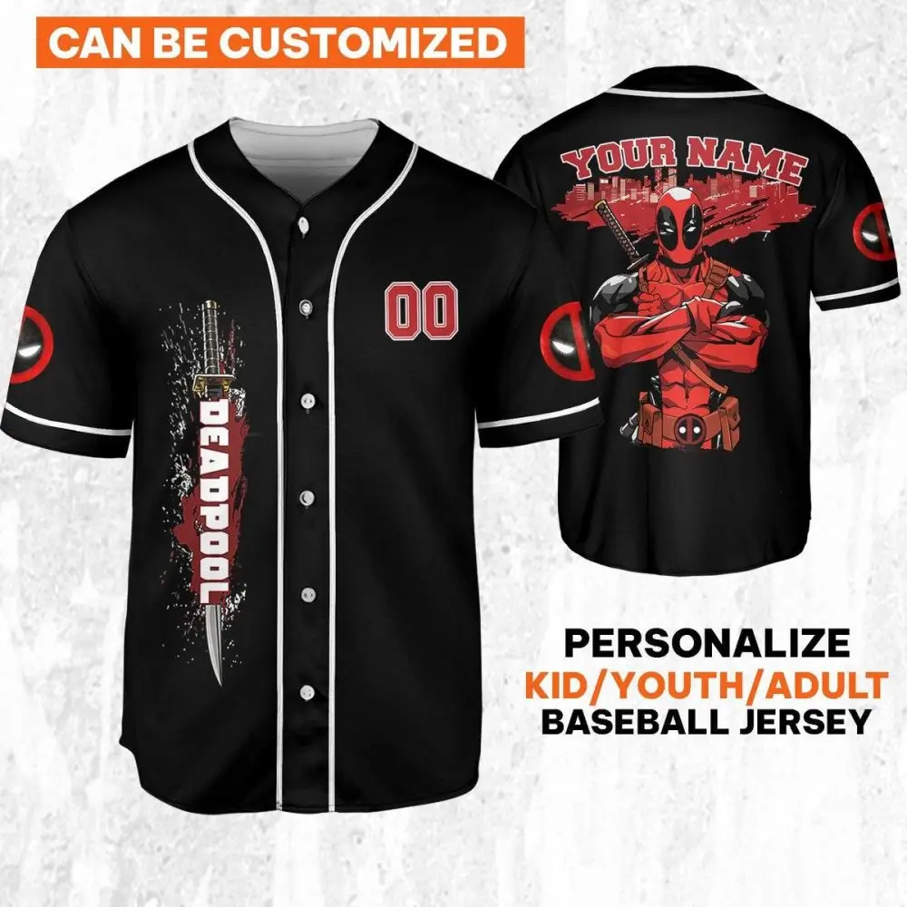 Customizable Deadpool Baseball Jersey: Add Your Name - Kids, Youth & Adult Sizes