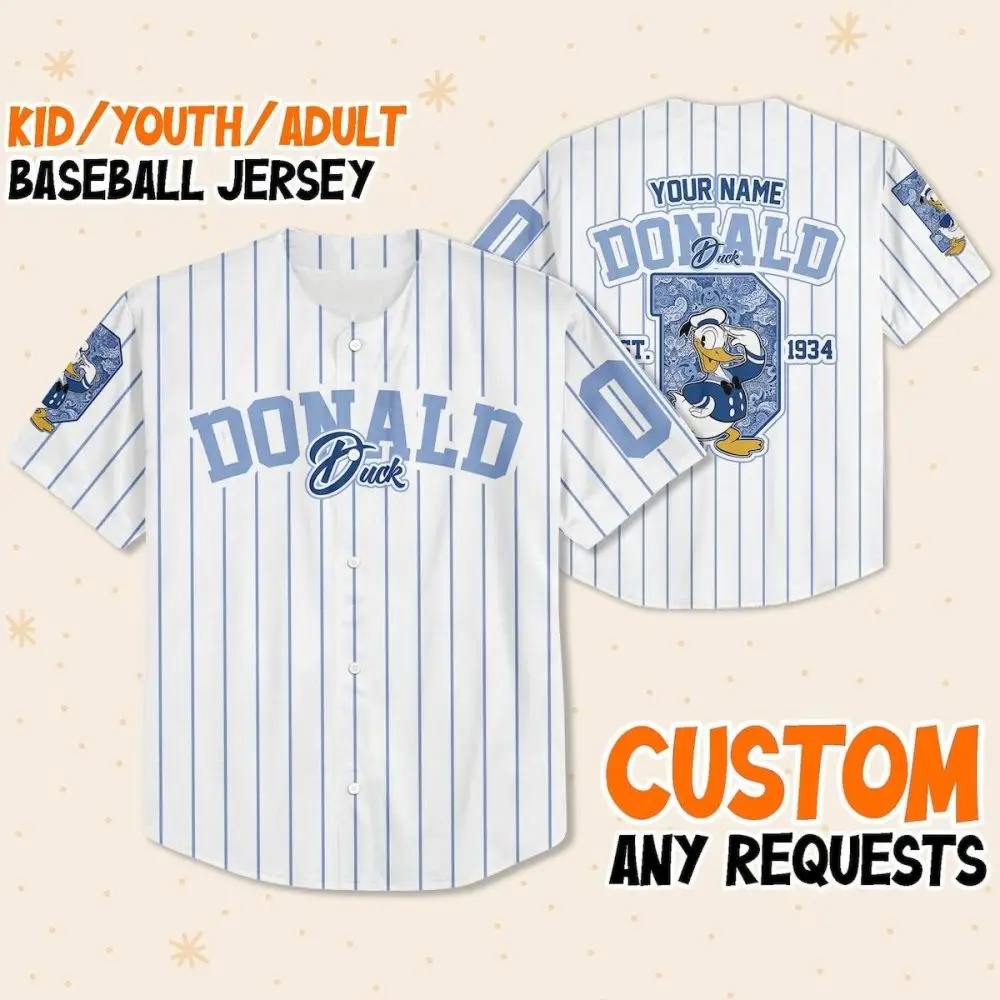 Customizable Donald Duck Baseball Jersey For Kids/Youth/Adults - Personalize Your Style!