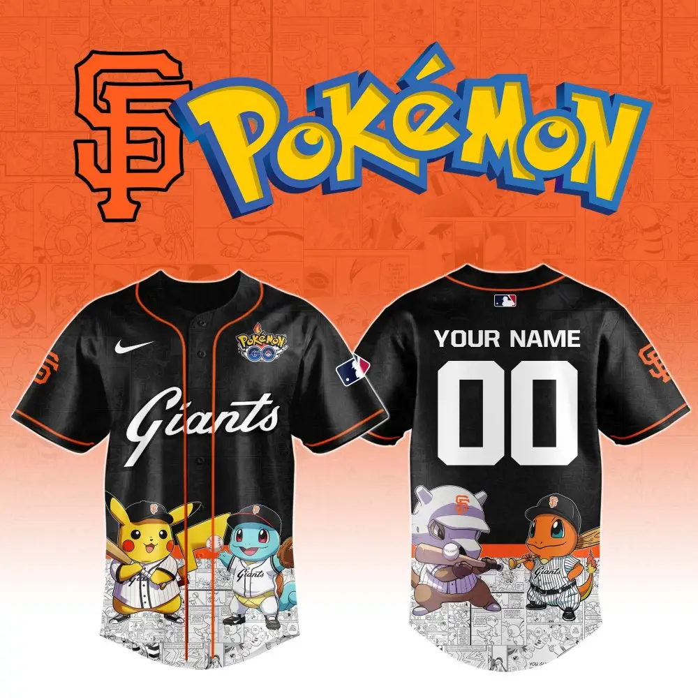 Customizable Giants X Pokémon Jersey – Pikachu, Squirtle, Charmander Design – Perfect Gift For Fans!