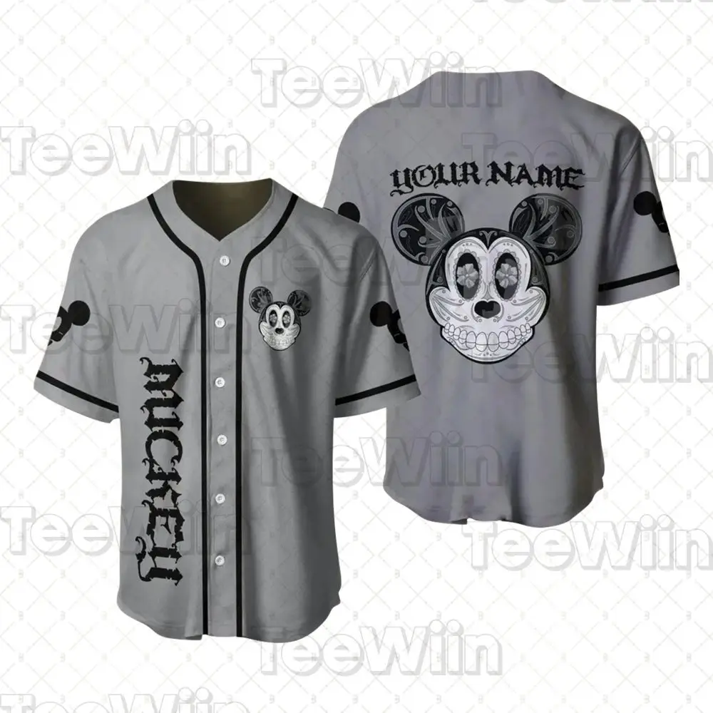 Customizable Gray Baseball Jersey With Cartoon Skull Design - Perfect Gift For Fans!