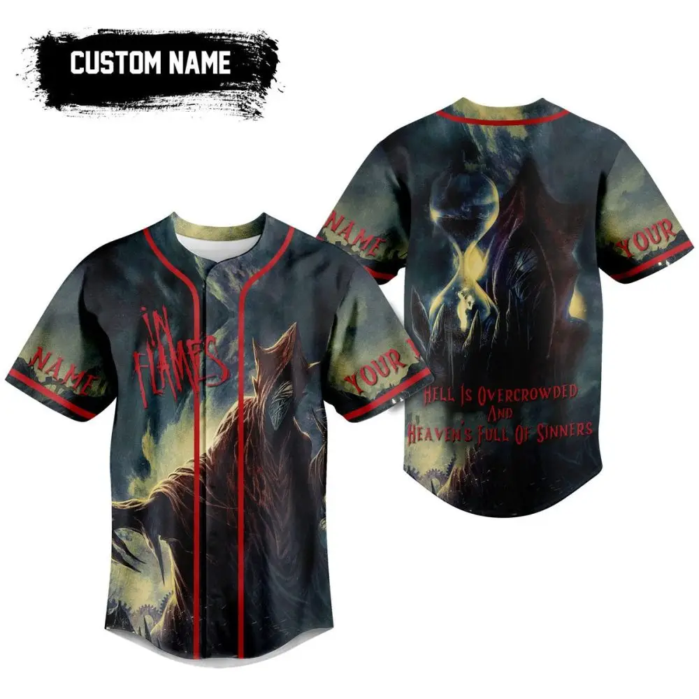 Customizable In Flames Baseball Jersey - Unique Gothic Art Design, Perfect Gift For Metal Fans