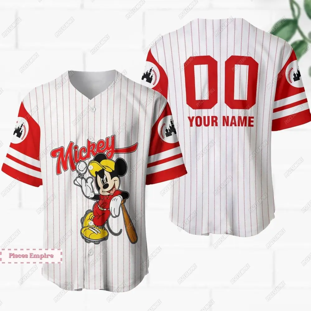 Customizable Mickey Baseball Jersey – Personalized Name & Number, Red Stripes, Unisex