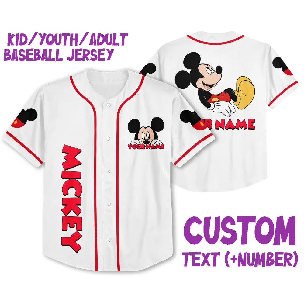Customizable Mickey Mouse Baseball Jersey For Kids/Youth/Adults - Personalize Now!