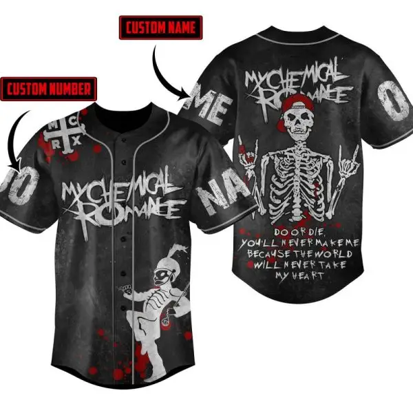 Customizable My Chemical Romance Skeleton Baseball Jersey - Personalized Name & Number