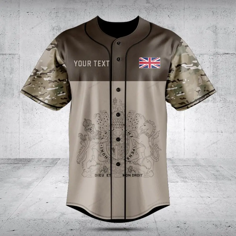 Customizable Uk Flag Baseball Jersey With Camo Sleeves - Stylish & Unique Design