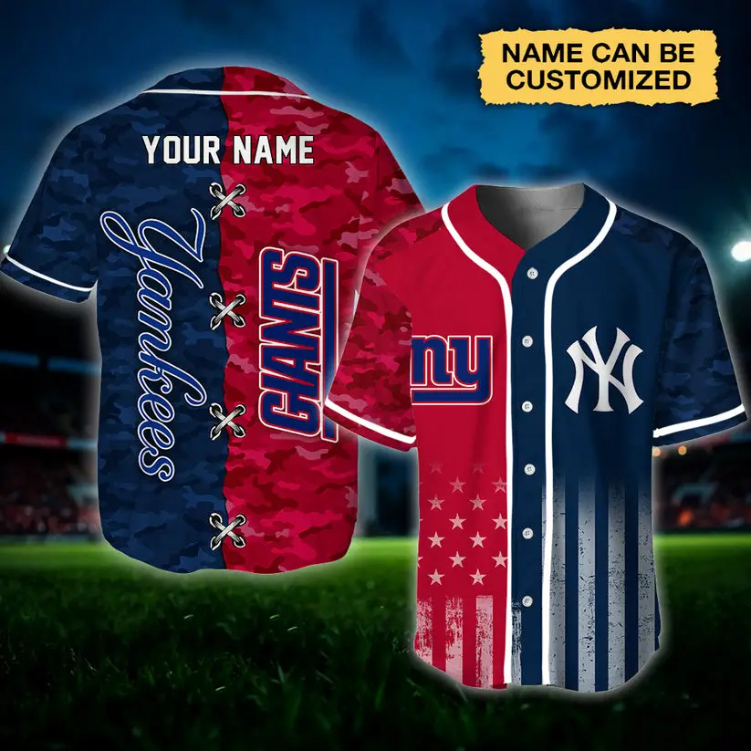 Customizable Yankees & Giants Camo Baseball Jersey – Personalize Your Name Now!