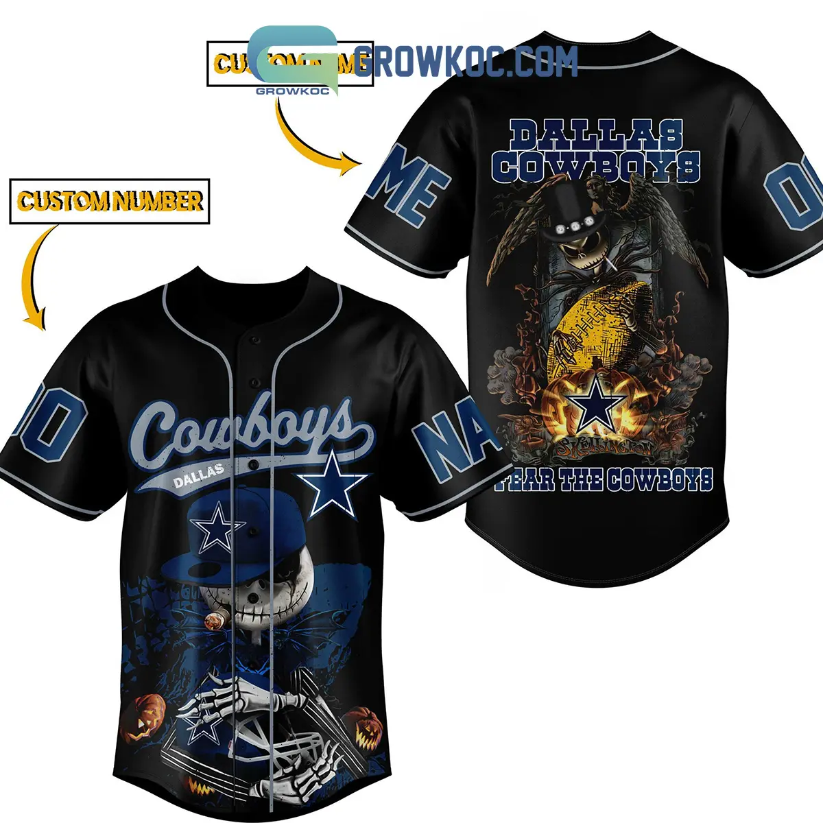 Dallas Cowboys NFL Fear The Cowboys Jack Skellington Halloween Personalized Baseball Jersey