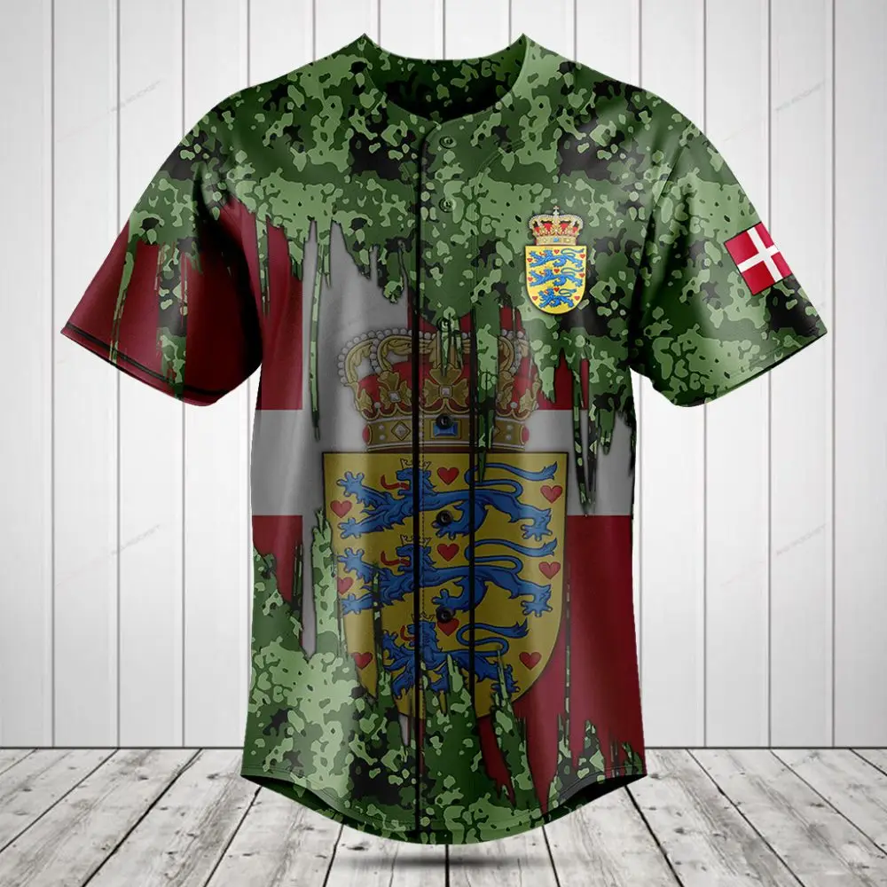 Danish Pride Camo Baseball Jersey - Stylish Flag And Crest Design Tee