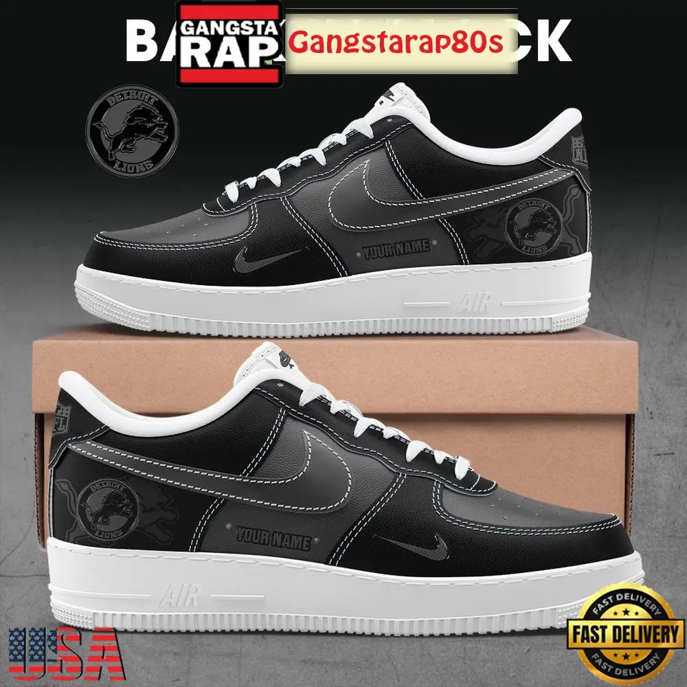 Detroit Lions Back In Black Custom Name Air Force 1 Sneakers Shoes