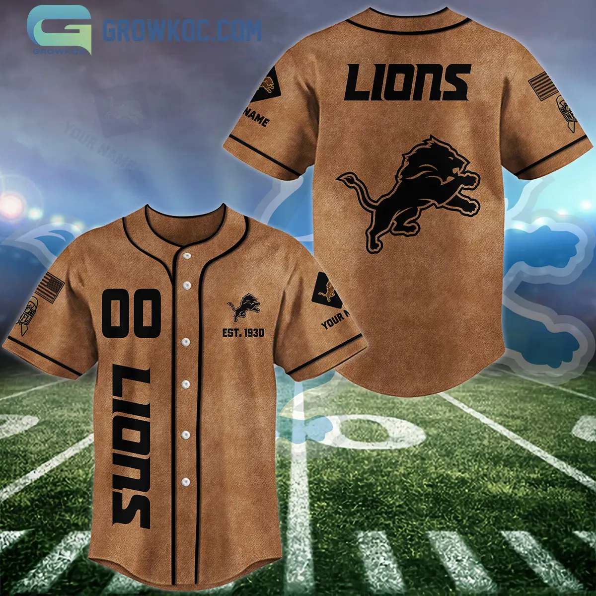 Detroit Lions Brown American Flag Personalized Baseball Jersey