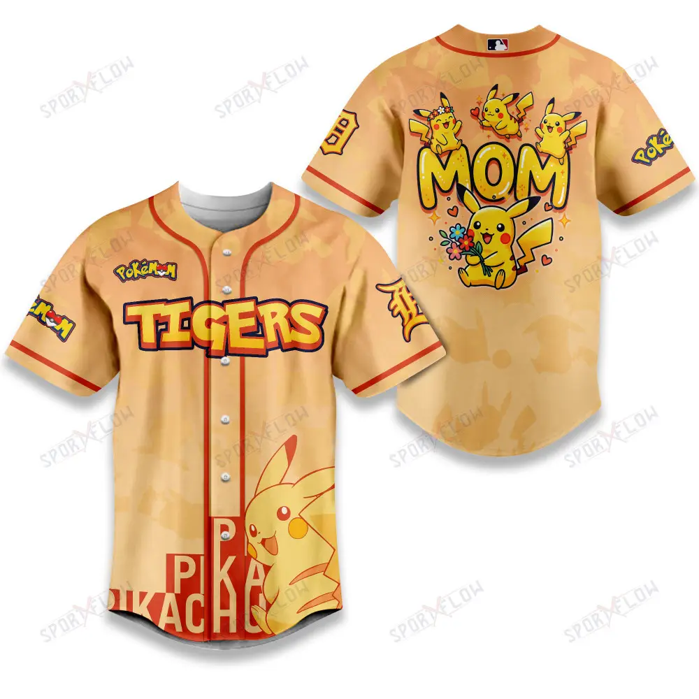 Detroit Tigers Pikachu Mom Art Baseball Jersey Detroit Tigers Pikachu Mom Art Baseball Jersey - Image 1