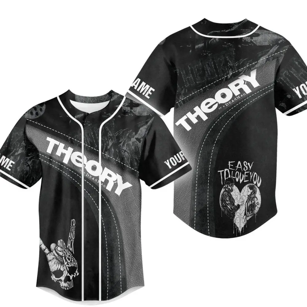 Edgy Black Graphic Baseball Jersey - Bold 'Theory' Design, Perfect For Streetwear Lovers