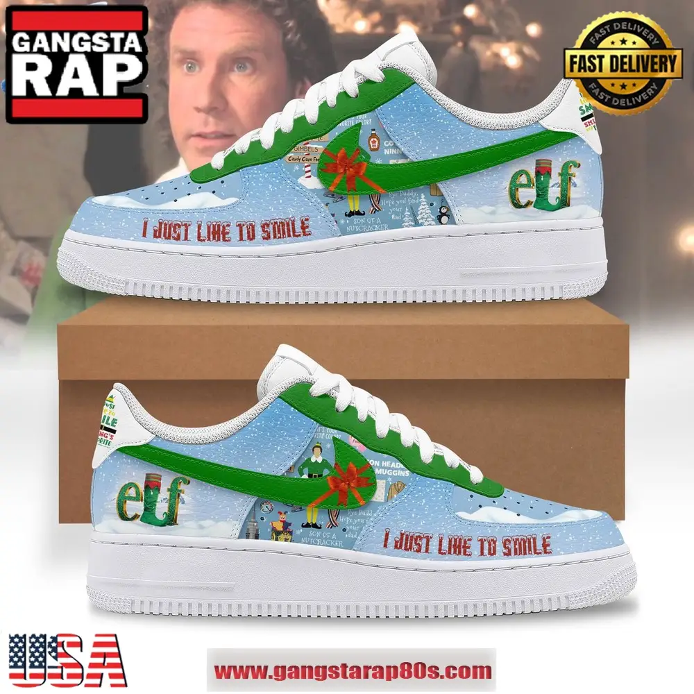 Elf I Just Like To Smile Christmas Limited Edition Air Force 1 Running Sneakers Shoes Elf I Just Like To Smile Christmas Limited Edition Air Force 1 Running Sneakers Shoes - Image 1