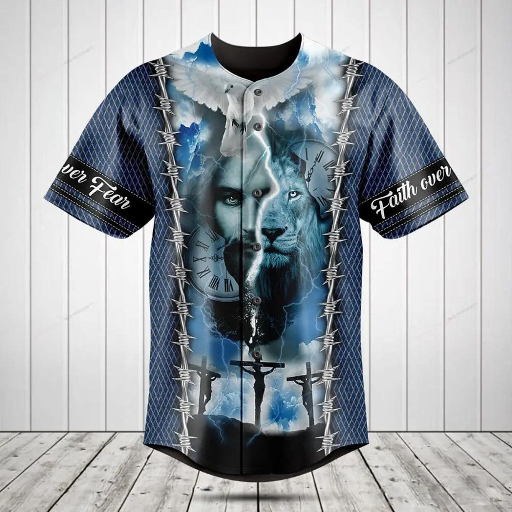 Faith Over Fear Spiritual Baseball Jersey - Bold Lion & Clock Design, Men'S Christian Apparel