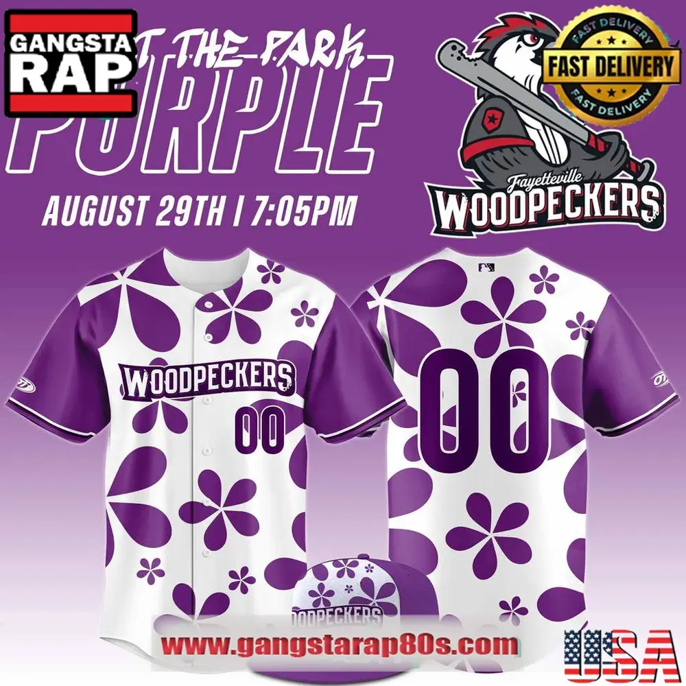 Fayetteville Woodpecker Purple Paint the Park Custom Baseball Jersey Fayetteville Woodpecker Purple Paint the Park Custom Baseball Jersey - Image 1