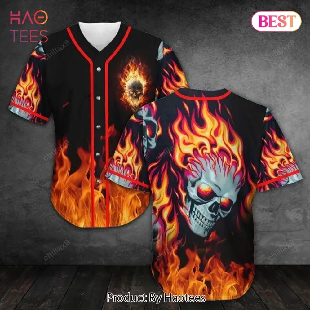 Flaming Skull Baseball Jersey - Bold Fire Graphic Shirt For Men & Women