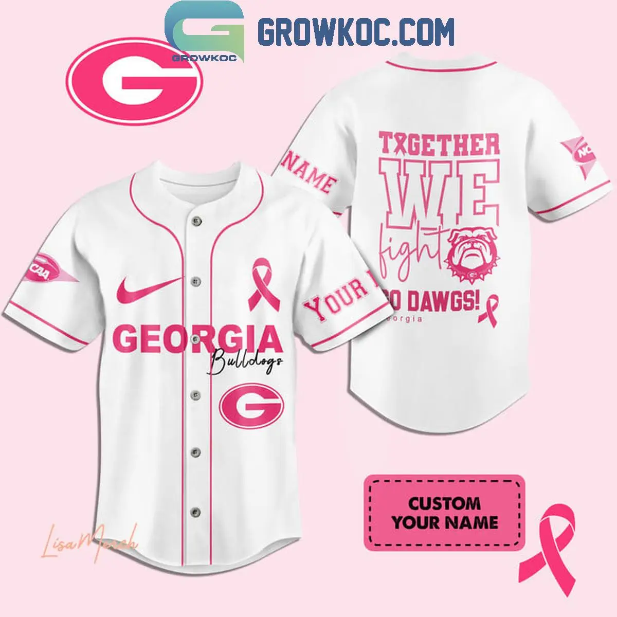 Georgia Bulldogs Together We Fight Breast Cancer Personalized Baseball Jersey