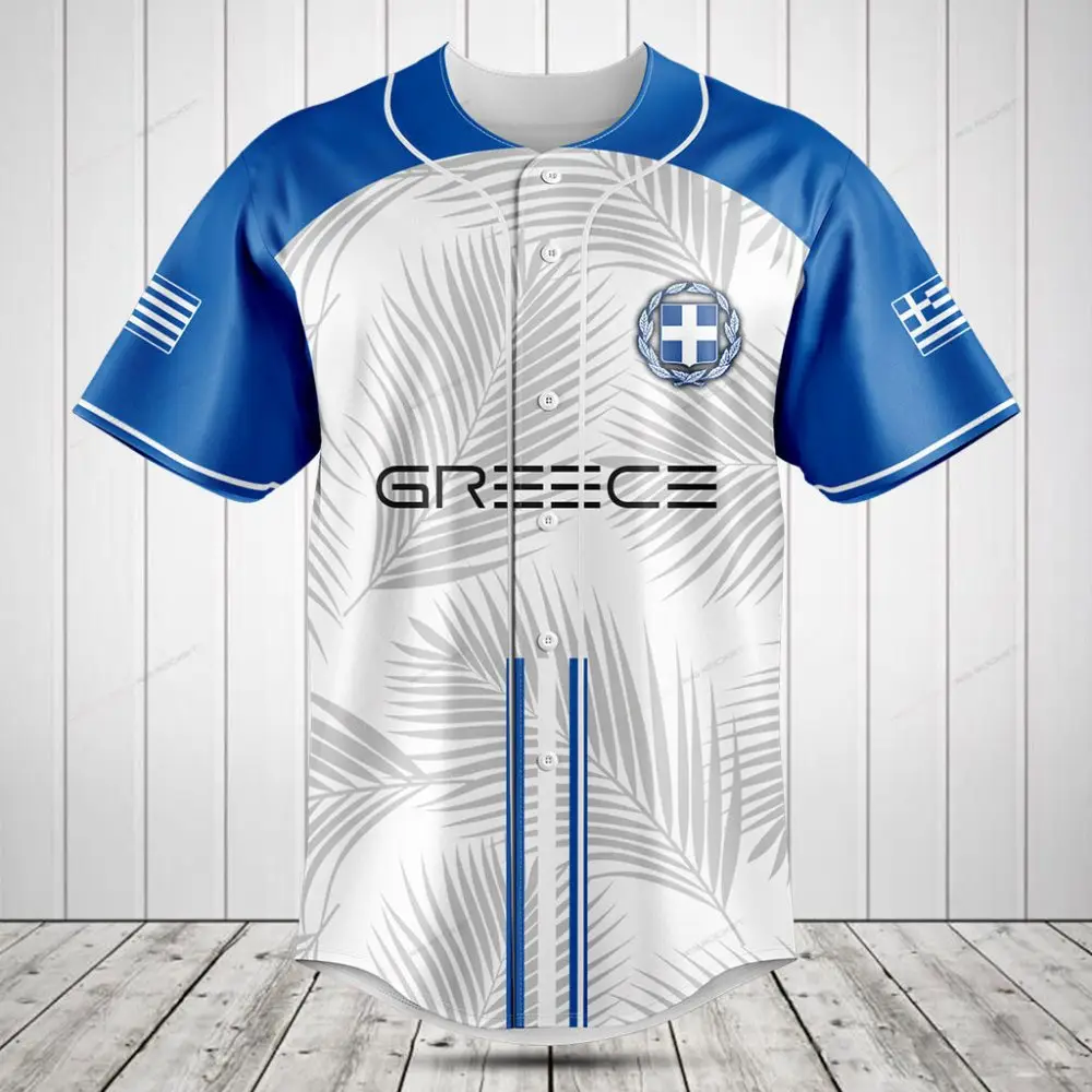 Greece Baseball Jersey - Blue & White Palm Design - Stylish & Comfortable Sportswear