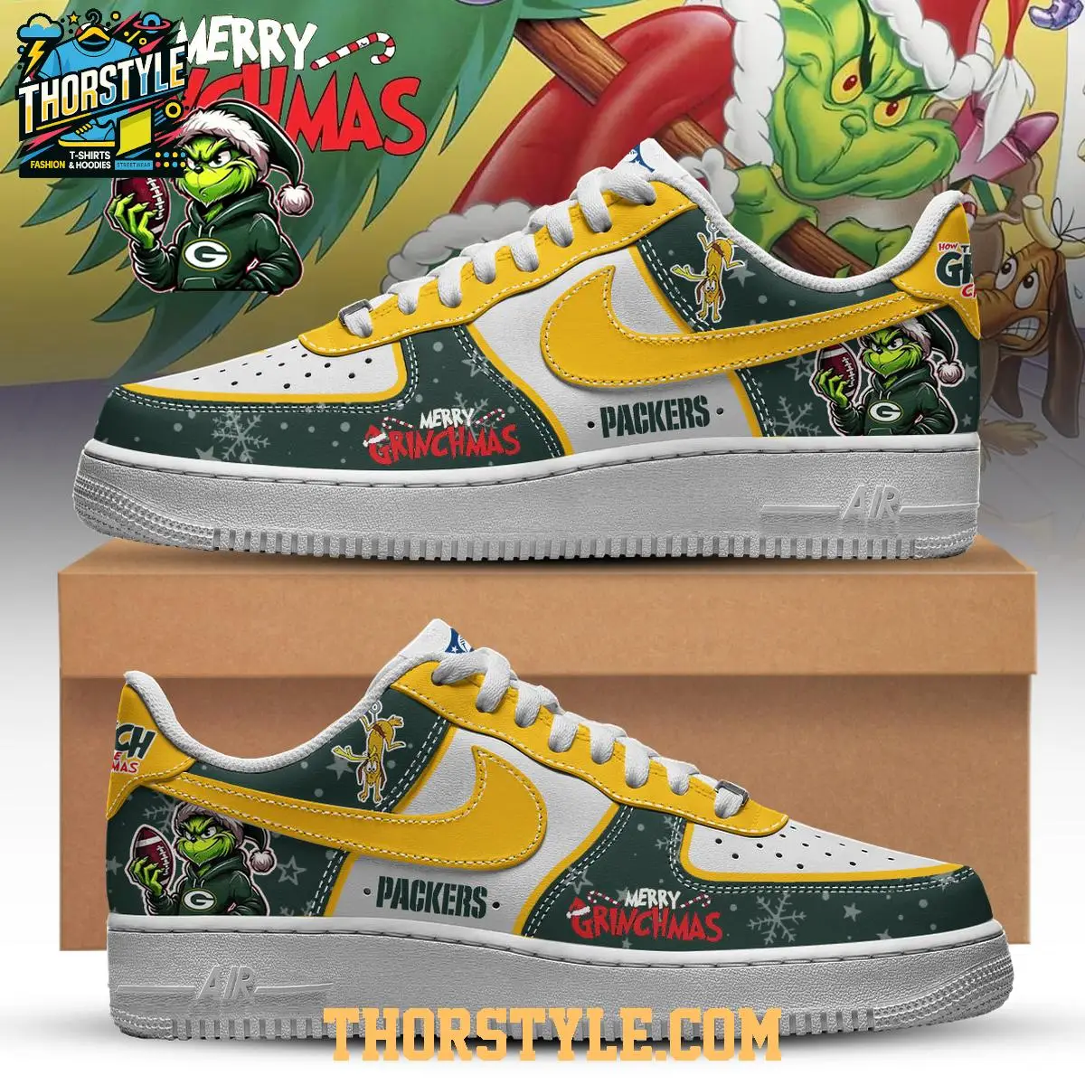 Green Bay Packers Merry Grichmas Grinch Stole Christmas Air Force 1 Shoes Green Bay Packers Merry Grichmas Grinch Stole Christmas Air Force 1 Shoes - Image 1