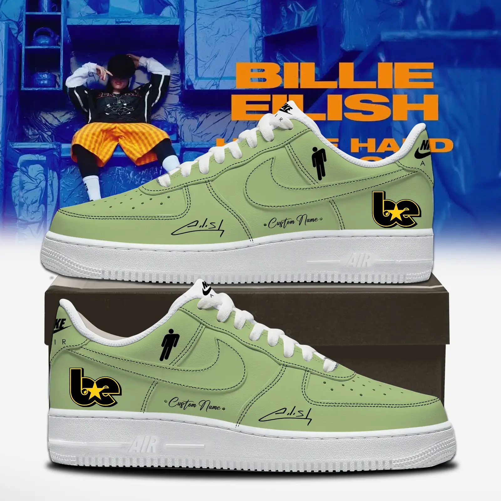 Green Custom Name Billie Eilish Tour Air Force 1 Shoes 