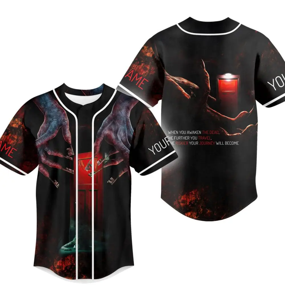 Horror-Themed Custom Baseball Jersey – Creepy Design With Red Door & Claws – Personalized Name Option