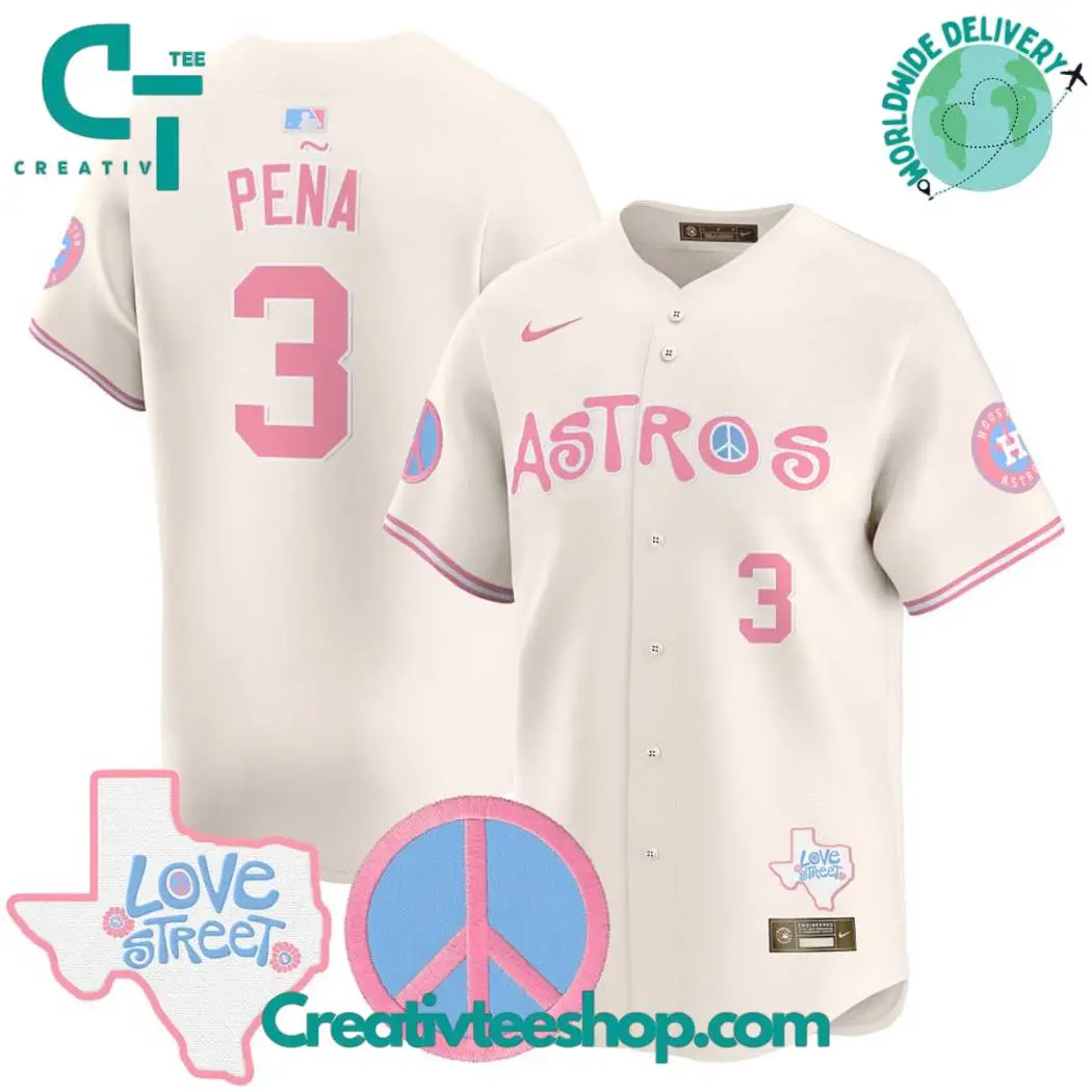 Houston Astros Love Street Peace Sign Bubblegum Cream Baseball Jersey