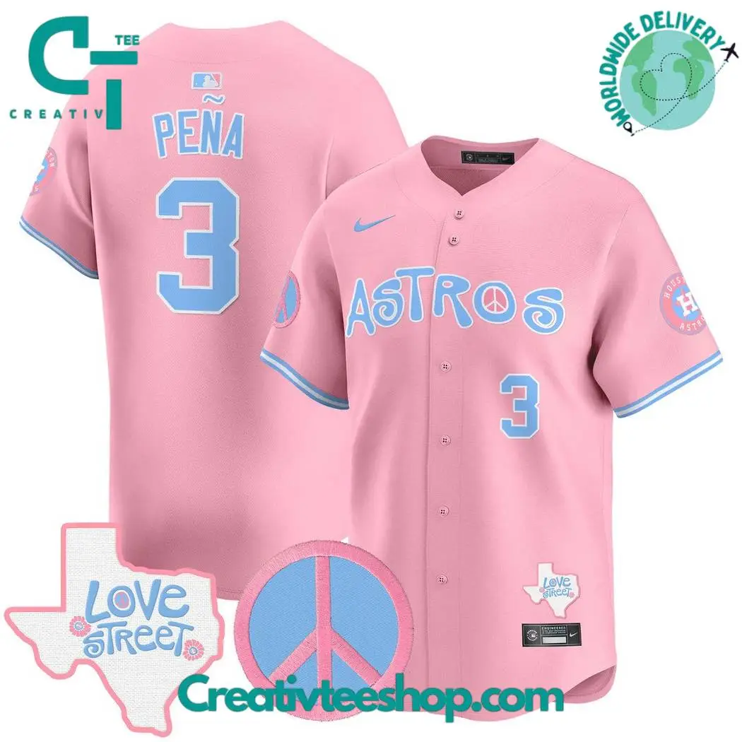 Houston Astros Love Street Peace Sign Bubblegum Pink Baseball Jersey