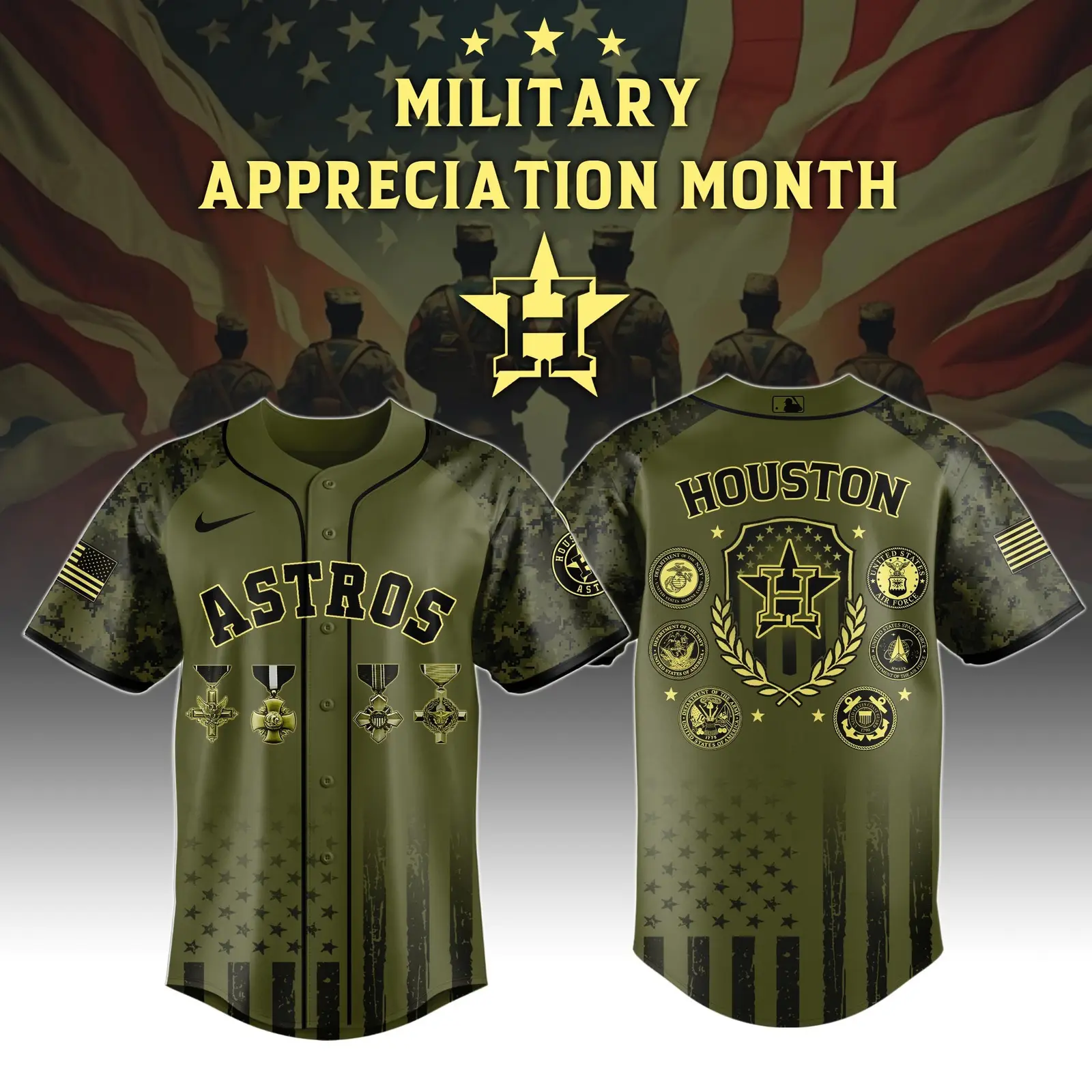 Houston Astros Military Appreciation Month Special Edition Jersey 2025 Houston Astros Merch - Tazila