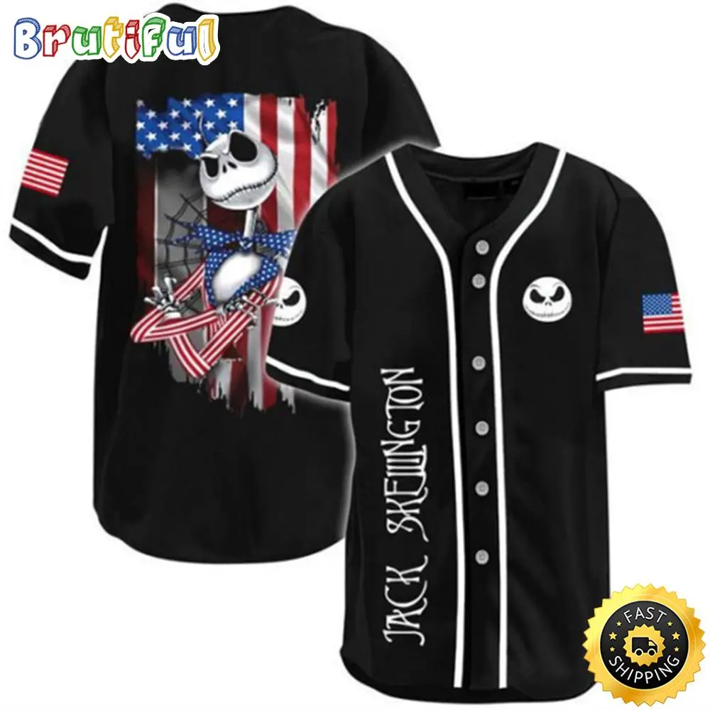 Jack Skellington American Flag Patriotic Independence 3D Baseball Jersey