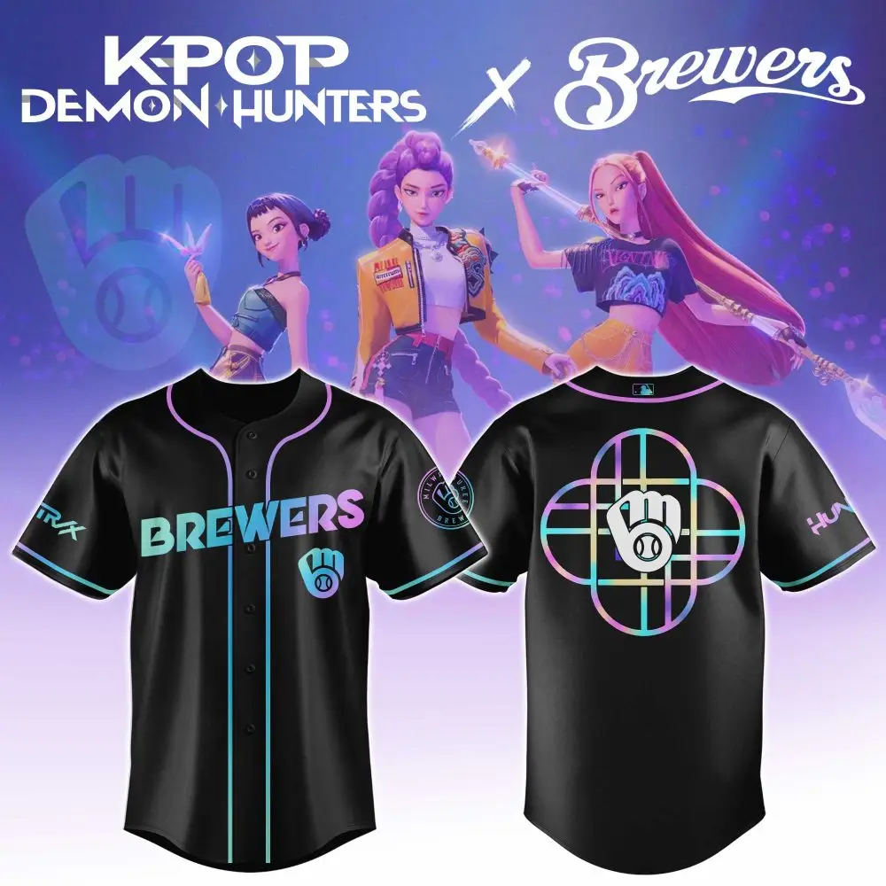 K-Pop Demon Hunters X Brewers Limited Edition Jersey - Vibrant Black & Neon Design K-Pop Demon Hunters X Brewers Limited Edition Jersey - Vibrant Black & Neon Design - Image 1