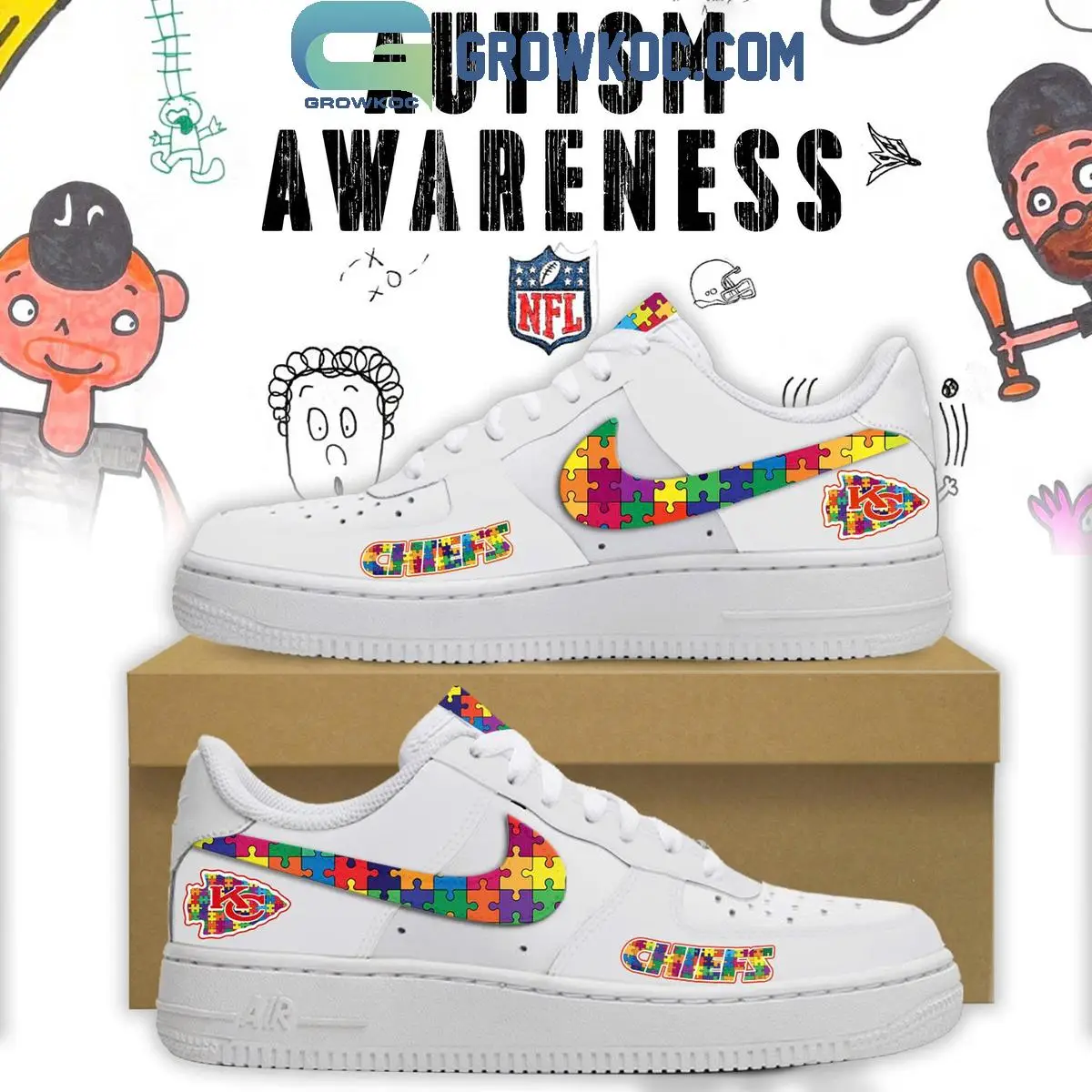 Kansas City Chiefs Autism Awareness Air Force 1 Shoes Kansas City Chiefs Autism Awareness Air Force 1 Shoes - Image 1