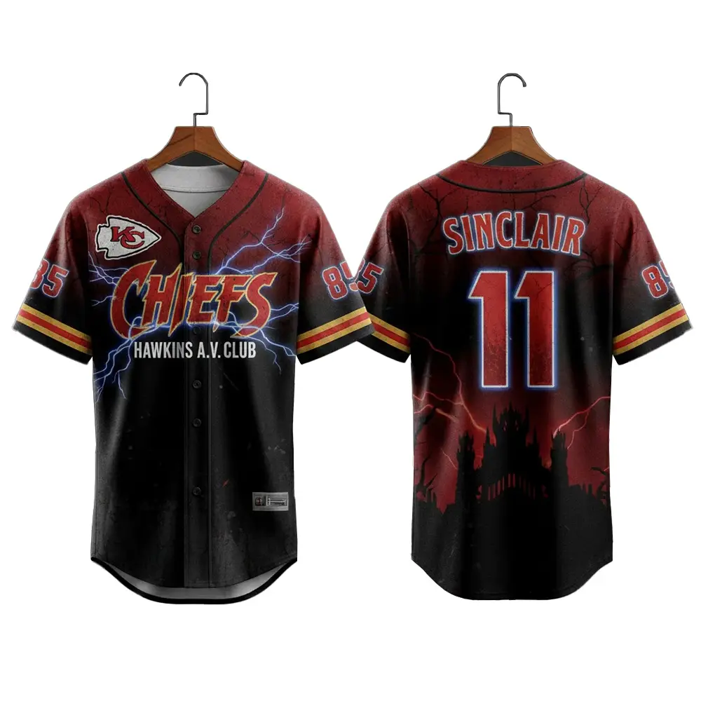Kansas City Chiefs Stranger Things 5 Hawkins AV Club Baseball Jersey - Tazila
