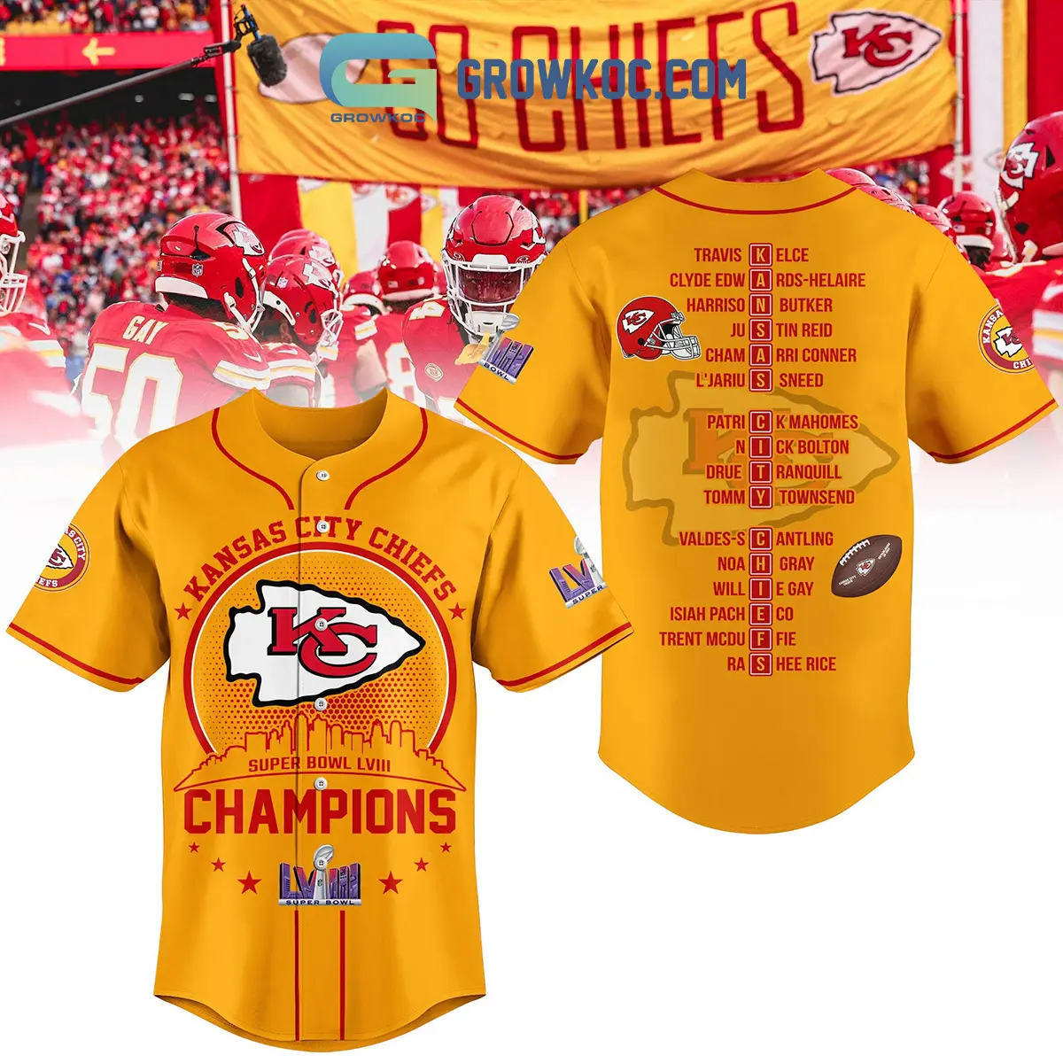 Kansas City Chiefs Super  Bowl LVIII Champions Gold Design Baseball Jersey