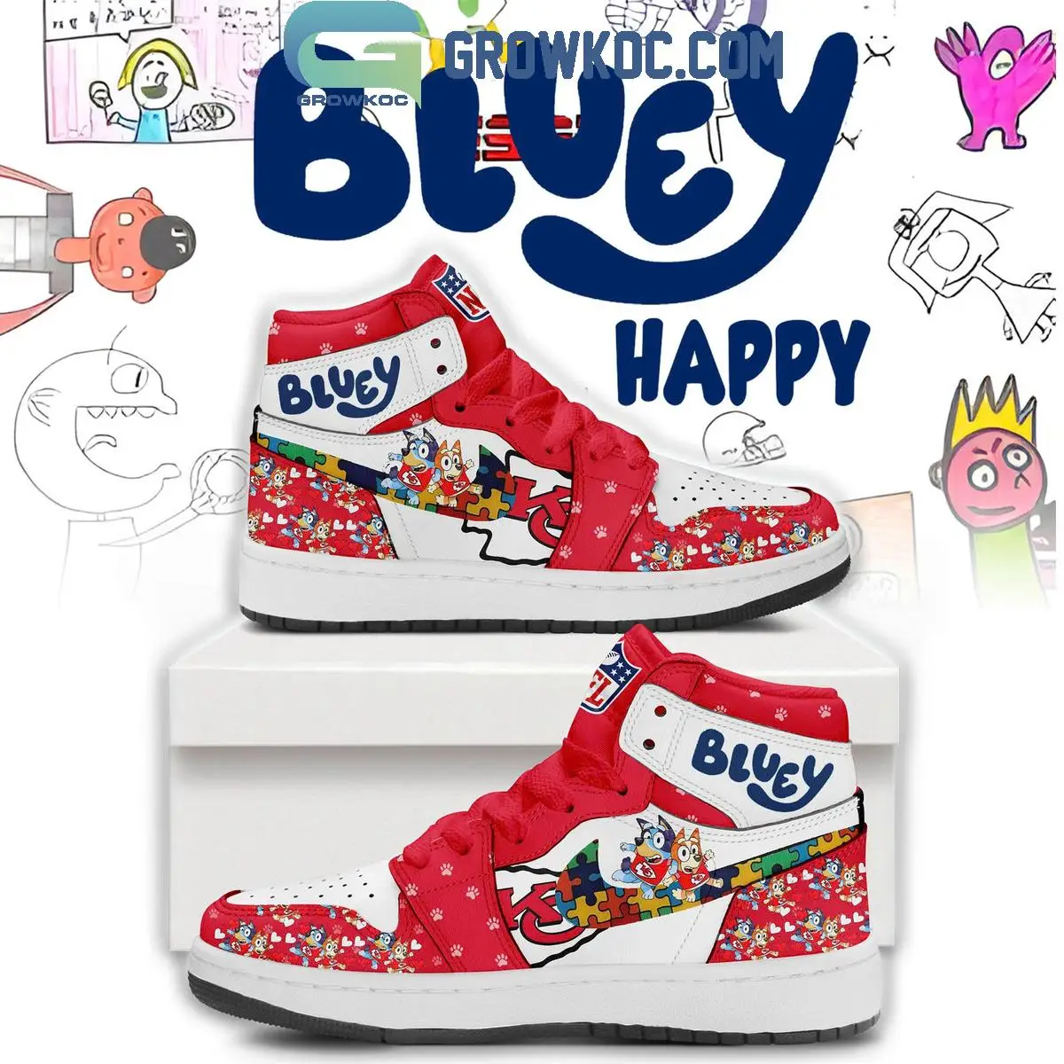 Kansas City Chiefs x Bluey Autism Air Jordan 1 Shoes Kansas City Chiefs x Bluey Autism Air Jordan 1 Shoes - Image 1
