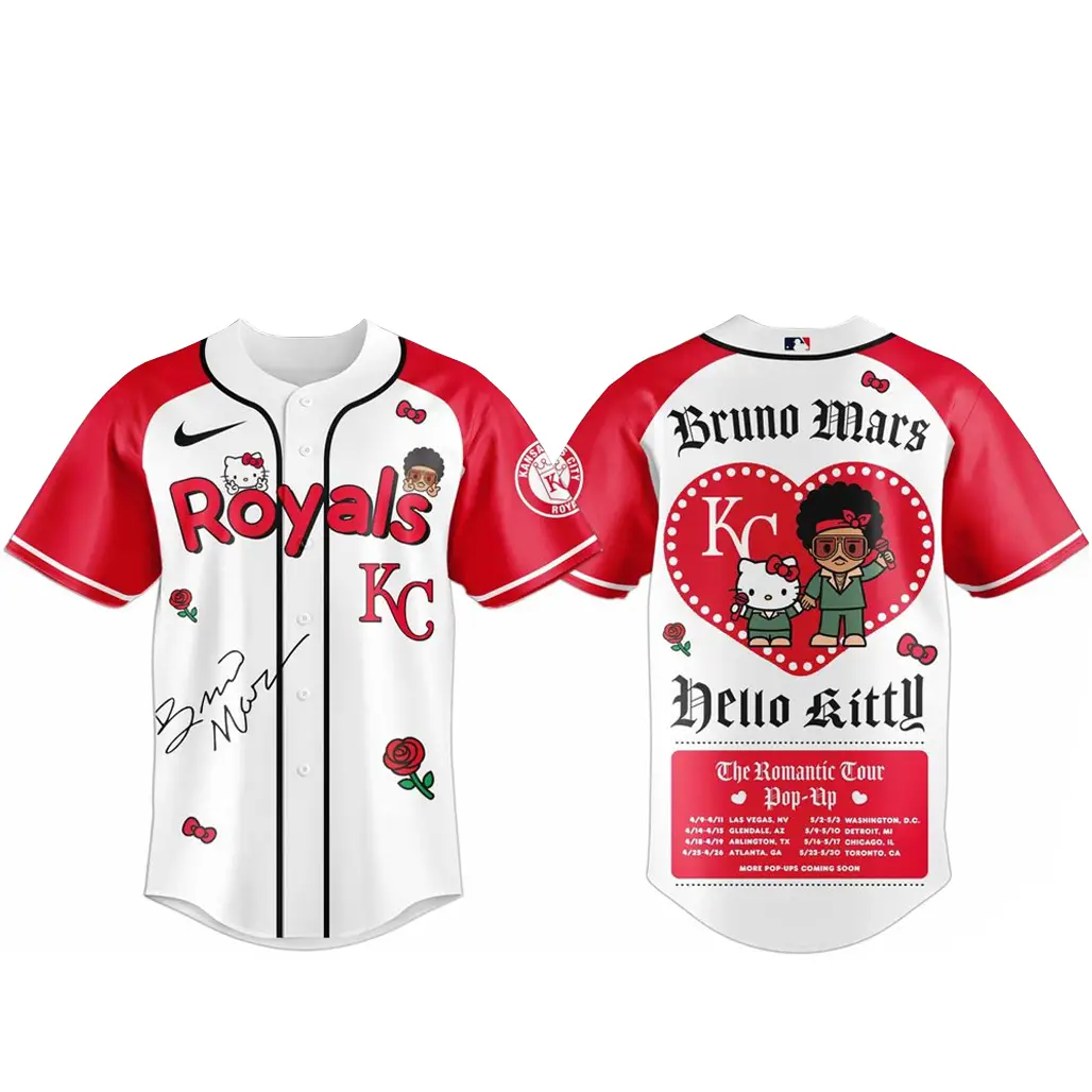 Kansas City Royals Bruno Mars x Hello Kitty 2026 The Romantic Tour Baseball Jersey - Tazila