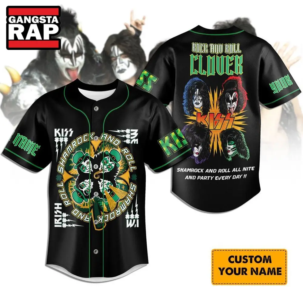 Kiss Band Shamrock And Roll All Nite And Party Every Day Baseball Jersey, Kiss Band Music Jersey