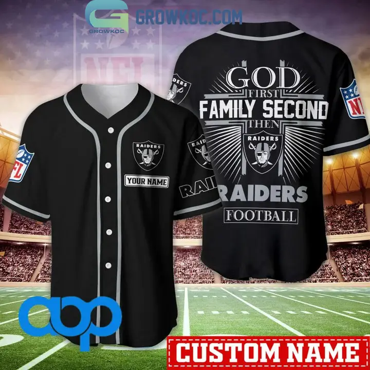 Las Vegas Raiders NFL Personalized God First Family Second Baseball Jersey