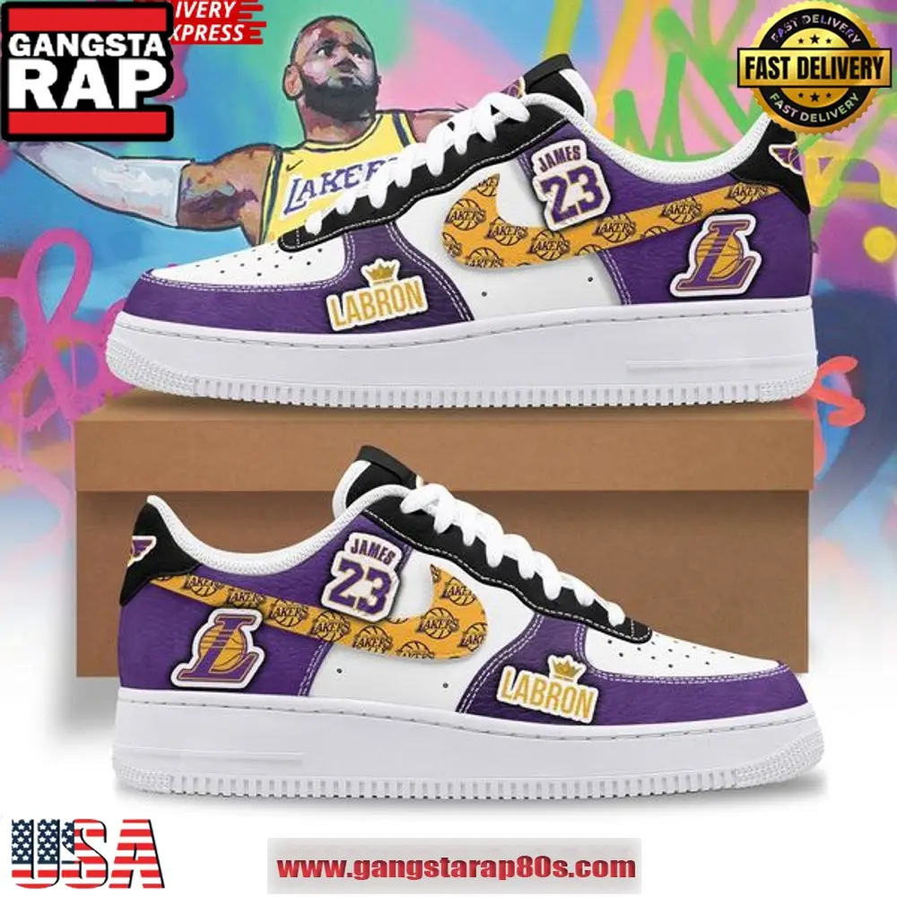 LeBron James Los Angeles Lakers Air Force 1 Sneakers Shoes LeBron James Los Angeles Lakers Air Force 1 Sneakers Shoes - Image 1