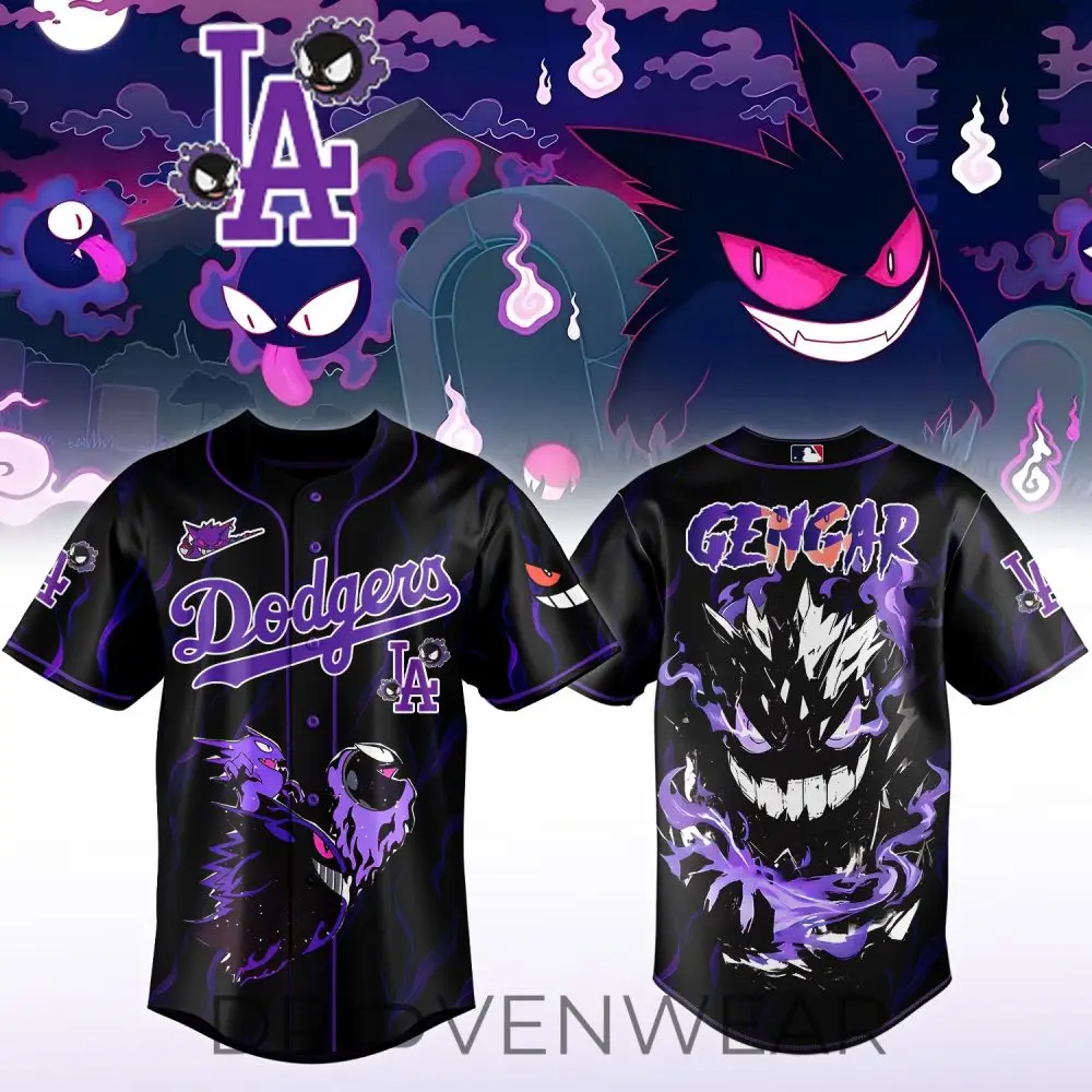 Limited Edition La Dodgers X Gengar Ghostly Baseball Jersey - Vibrant Black & Purple