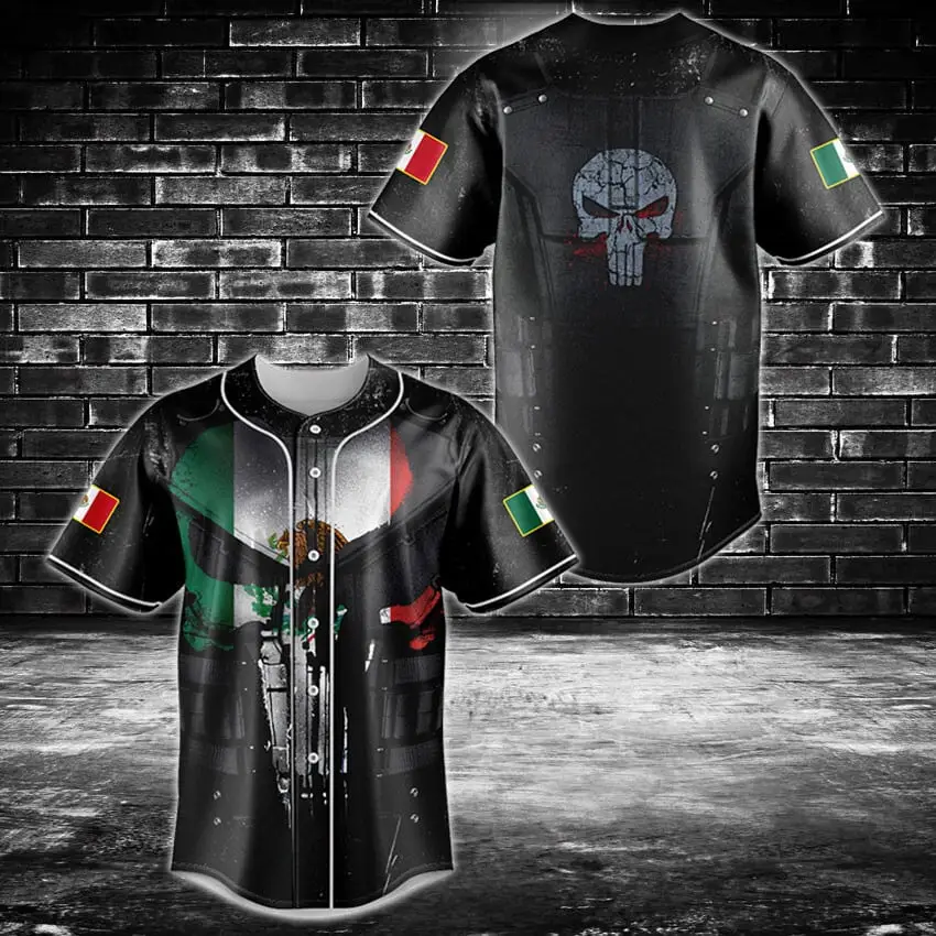 Limited Edition Mexican Flag & Skull Baseball Jersey - Unique Design, High-Quality Fabric