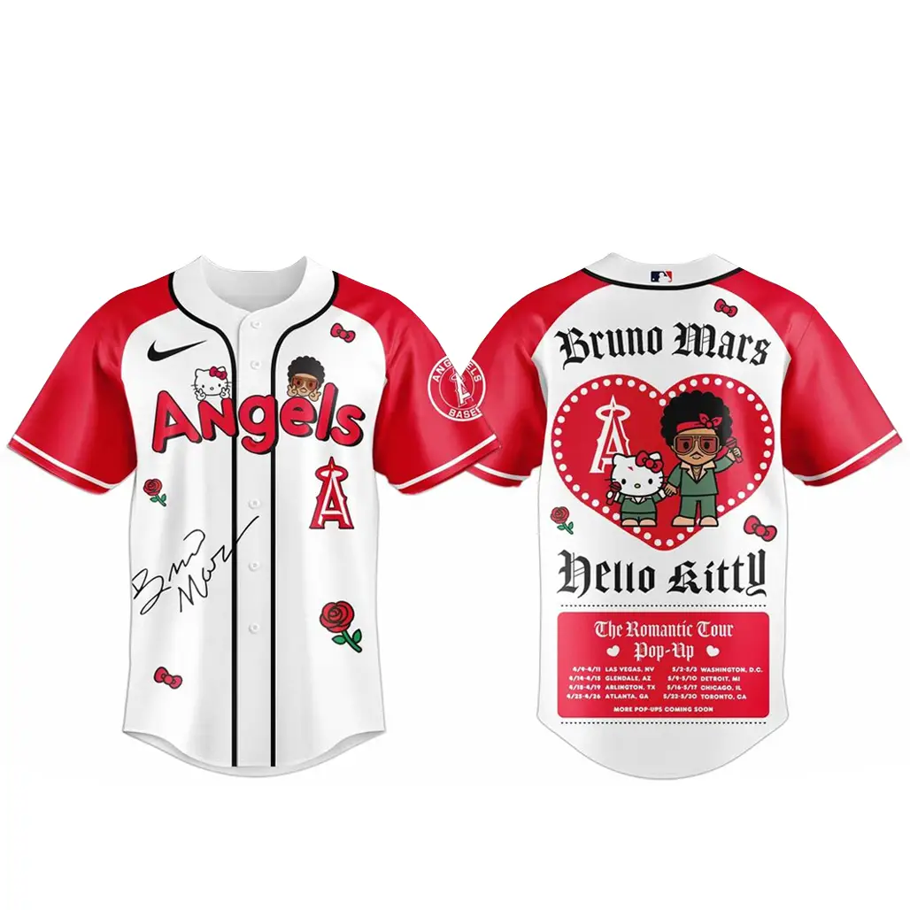 Los Angeles Angels Bruno Mars x Hello Kitty 2026 The Romantic Tour Baseball Jersey - Tazila