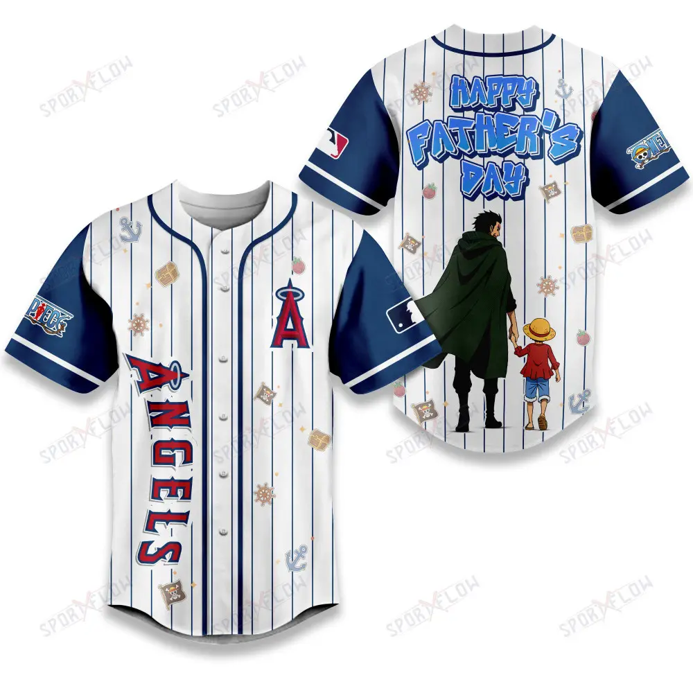 Los Angeles Angels X One Piece Dragon & Luffy Dad Baseball Jersey Los Angeles Angels X One Piece Dragon & Luffy Dad Baseball Jersey - Image 1