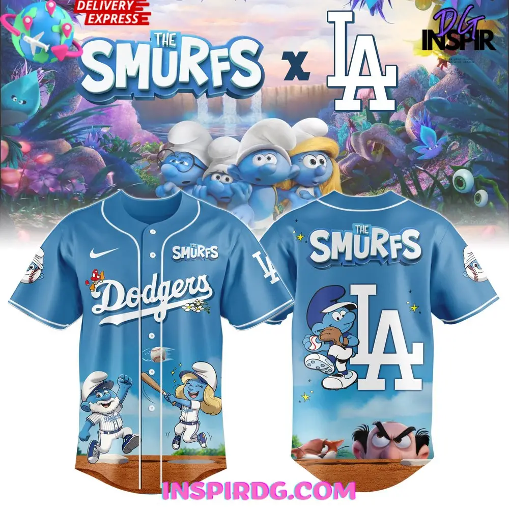 Los Angeles Dodgers Mlb X The Smurfs Night Special Baseball Jersey Los Angeles Dodgers Mlb X The Smurfs Night Special Baseball Jersey - Image 1