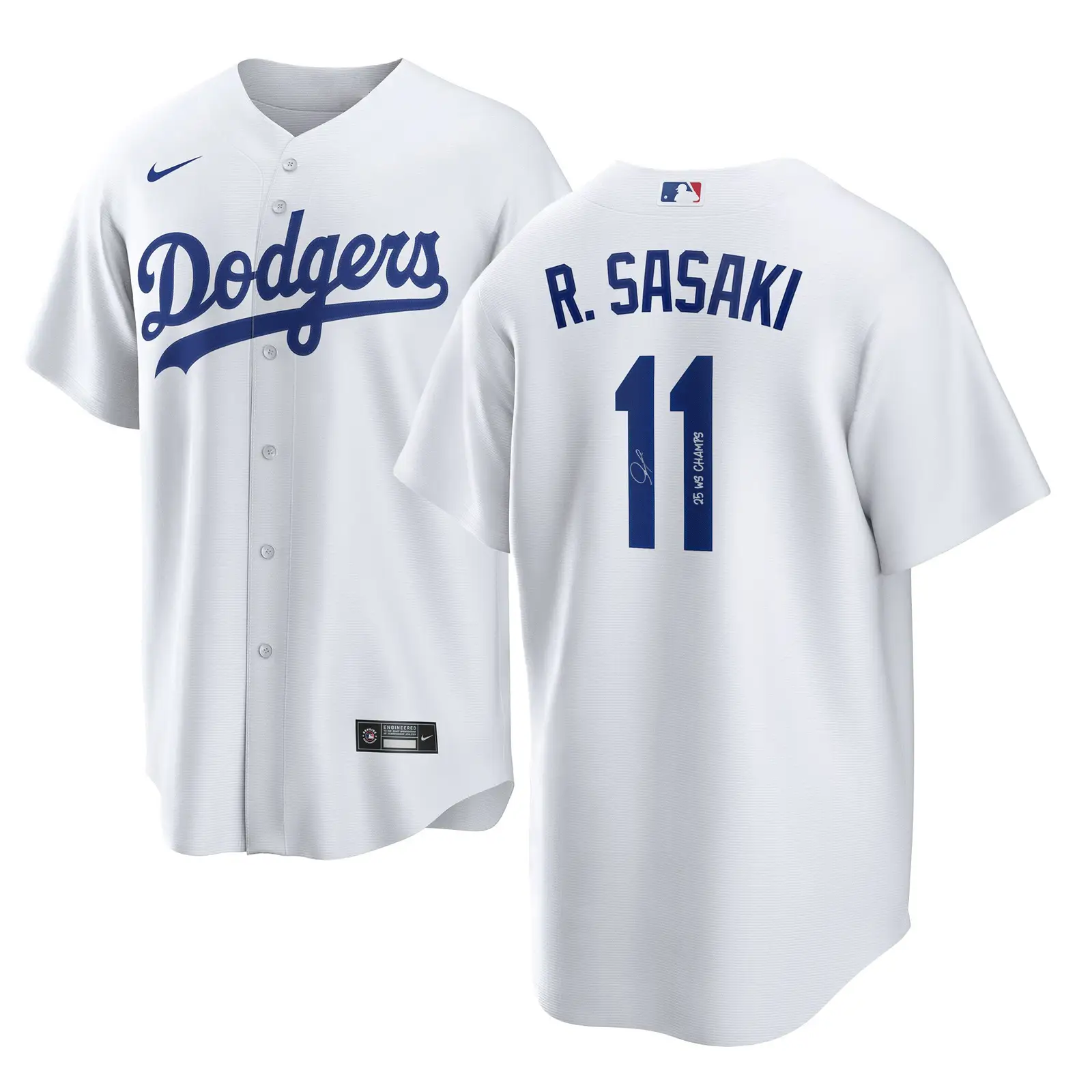 Los Angeles Dodgers Sasaki Autographed 2025 World Series Champions White Jersey with "25 WS Champs" - Tazila