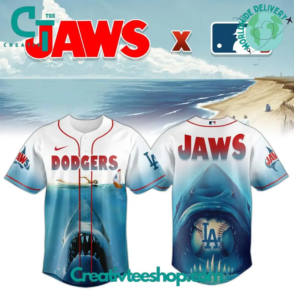 Los Angeles Dodgers X Jaws Movie 50Th Anniversary Special Baseball Jersey Los Angeles Dodgers X Jaws Movie 50Th Anniversary Special Baseball Jersey - Image 1