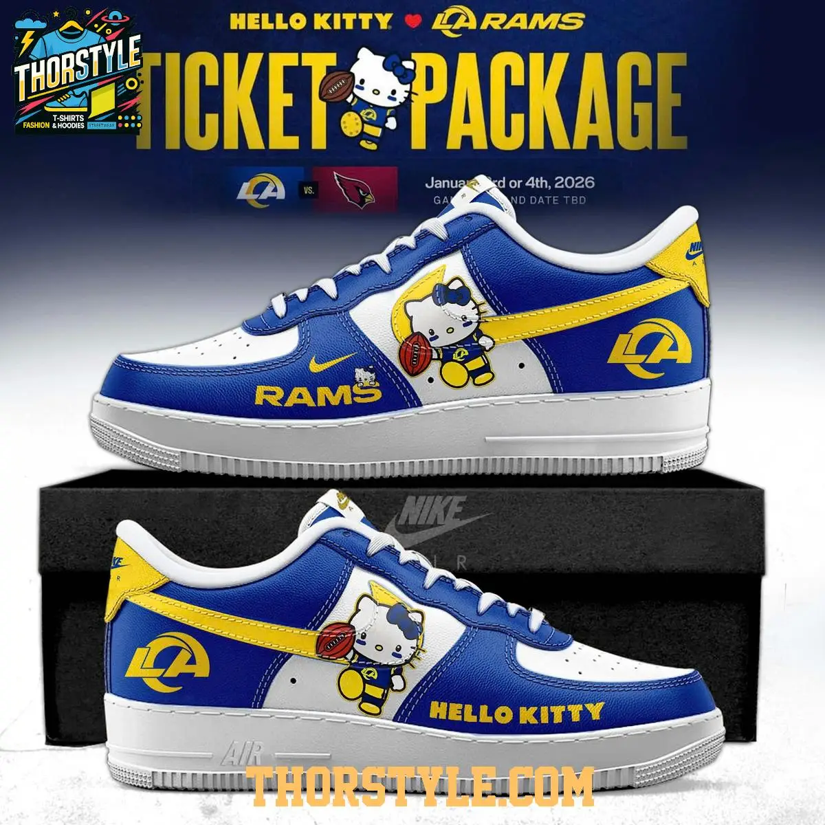 Los Angeles Rams Hello Kitty 2026 Gameday Personalized Air Force 1 Shoes