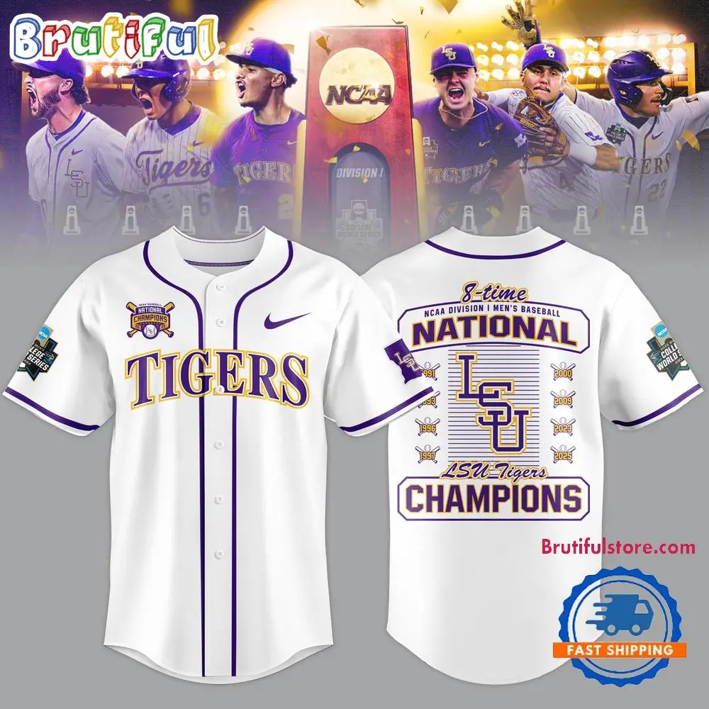 LSU Tigers 2025 NCAA National Champions 8 Time Limited Edition White Jersey Shirt LSU Tigers 2025 NCAA National Champions 8 Time Limited Edition White Jersey Shirt - Image 1