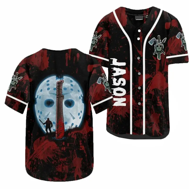 Men’s Jason Mask & Machete Horror Baseball Jersey – Perfect Halloween Fan Shirt - Tazila