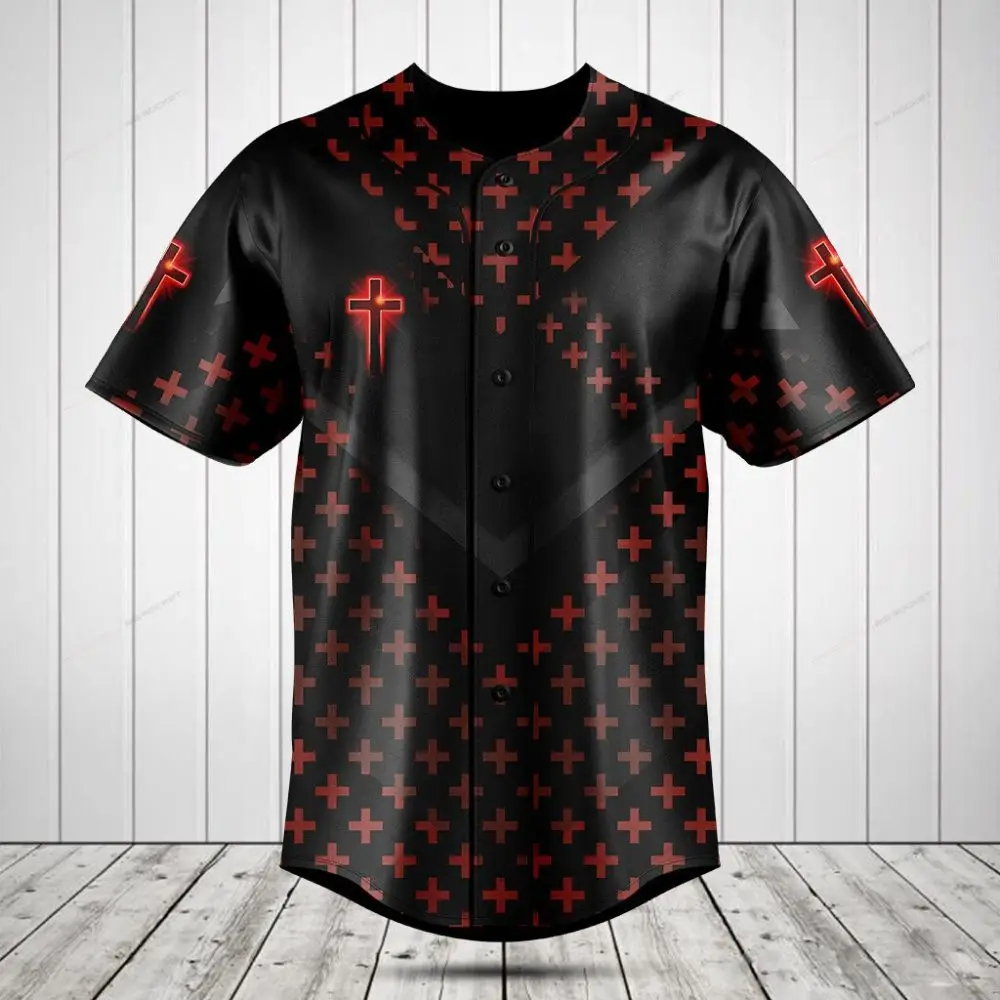 Men'S Black & Red Cross Baseball Jersey - Stylish Button-Up Sports Shirt Men'S Black & Red Cross Baseball Jersey - Stylish Button-Up Sports Shirt - Image 1