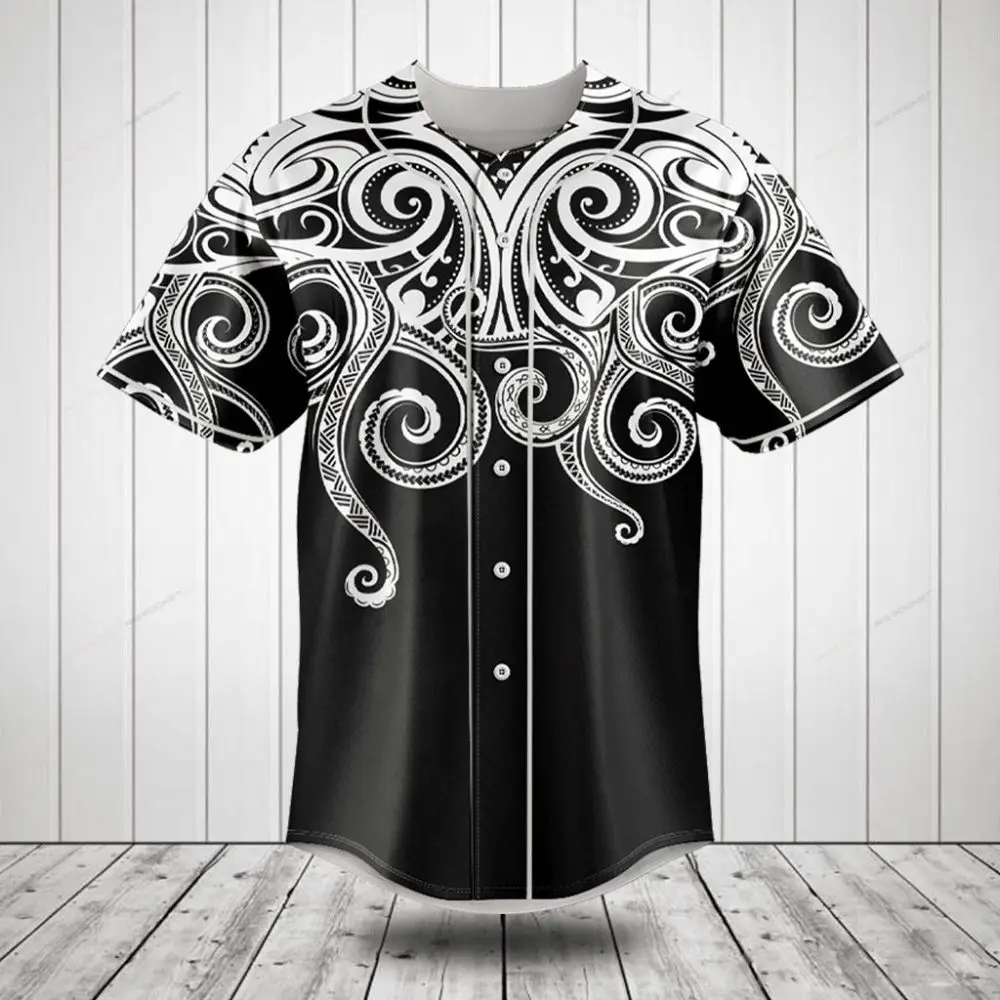 Men'S Black & White Tribal Print Button-Up Baseball Jersey - Stylish & Comfortable